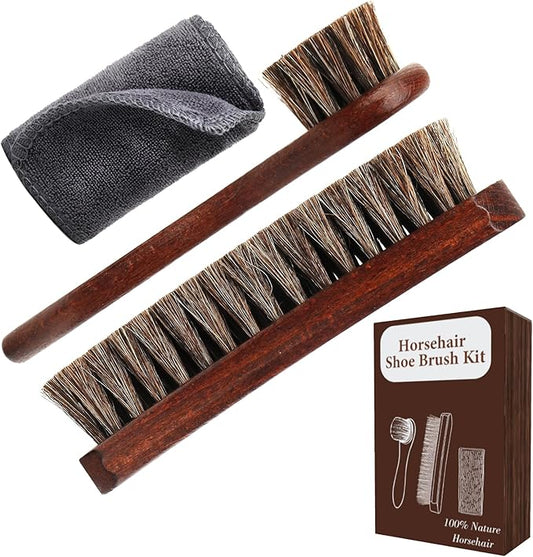 3-Piece 100% Horse Hair Shoe Brush Kit for Leather Care – Professional Dauber Applicators and Polishing Brushes with Cleaning Cloth for Leather Shoes, Boots, Bags, Jackets & Car Detailing