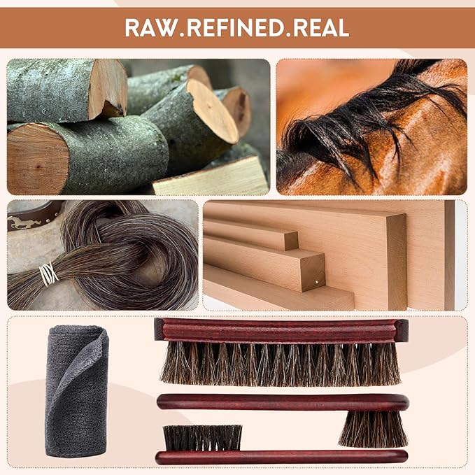 4pcs 100% Horse Hair Shoe Brush Kit Shoe Shine Kit Beech Wood Leather Care Set Suede Boot Cleaner Polish Applicator Dauber Buffing Cloth Soft Natural Bristles Men Gift Box for Boots Shoes Sneakers Car