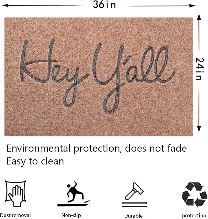 Welcome Mats for Front Door Outdoor Brown Heavy Duty Backing Doormat Hey Y'all Mat with Non Slip Rubber Doormats for Home Decor Farmhouse Balcony 36" x 24"