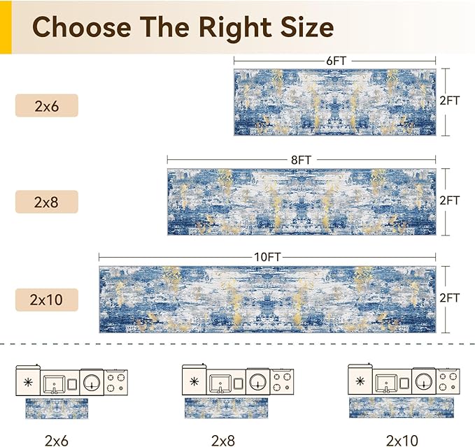RELEANY Washable Area Rugs 2'x8' Non-Slip Modern Abstract Soft for Living Room Entryway Bedroom Nursery, Print Pattern, Grey Blue Gold/Golden