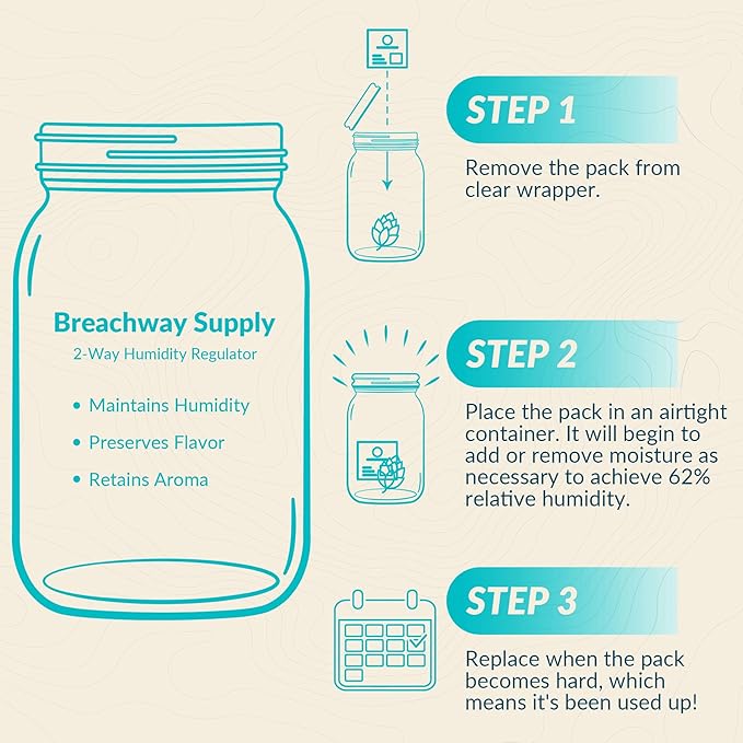 62% RH Size 8 | 6 Pack Two-Way Humidity Control Packs | For Storing 1 oz | Moisture Absorber for Small Storage Containers | Humidifier Packs | Hydration Packets w/Resealable Bag