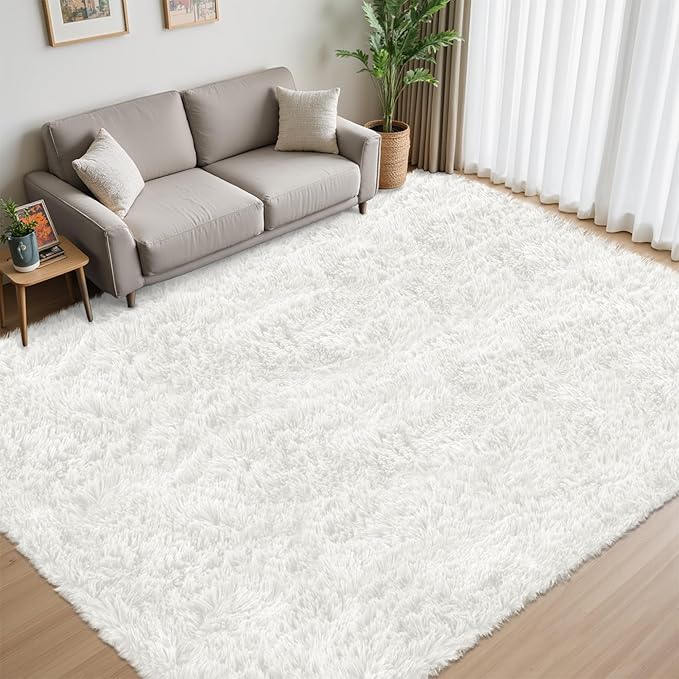 8x10 Area Rug for Living Room:Ultra Soft Fluffy Shag White Rugs,Large Fuzzy Plush Indoor Non Slip Carpet Washable Rug for Bedroom Kids Nursery Office Dorm Modern Decor(White 8'x10')