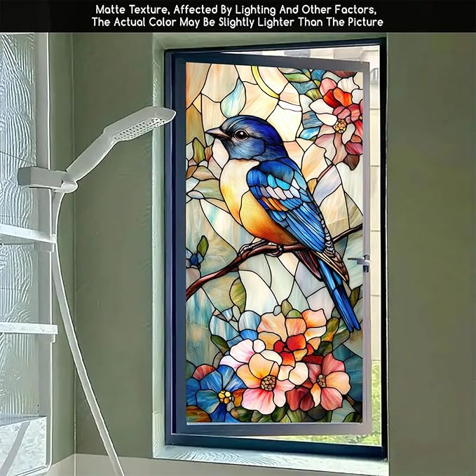 Bluebird Stained Glass Window Film 17.7x39.3 Inch Privacy Static Cling Window Sticker No Glue Floral Decorative Glass Decal for Door Panels Kitchen Entryway Sunroom Partitions