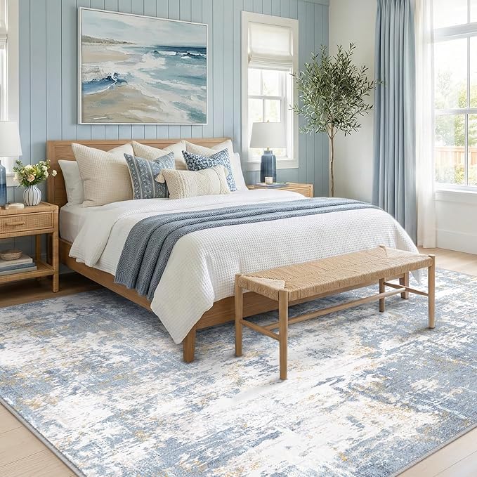 RELEANY Washable Area Rugs 8'x10' Non-Slip Modern Abstract Soft for Living Room Entryway Bedroom Nursery, Print Pattern, Light Blue