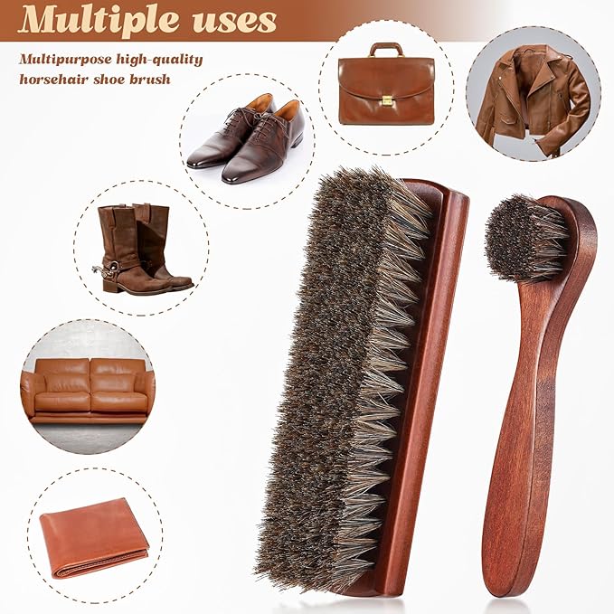 2 Pcs Horsehair Shoe Brush Kit Polishing Daubers Applicators Leather Care Brushes Shine Cleaning Cloth with Case(Shoe Brush Set G)