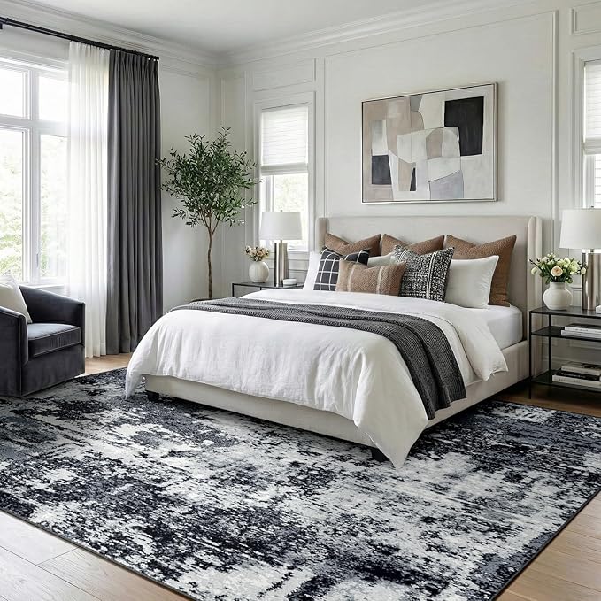 RELEANY Washable Area Rugs 9'x12' Non-Slip Modern Abstract Soft for Living Room Entryway Bedroom Nursery, Print Pattern, Black Navy Blue Gray