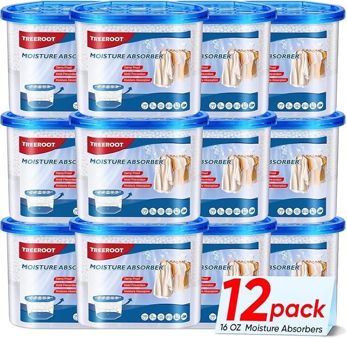 12 Pack Moisture Absorbers, 16 OZ Humidity Absorber Bucket, Moisture Absorbers for Closet, Dehumidifier Bucket for Wardrobes, Kitchens and Bathrooms, Fragrance Free Humidity Absorber