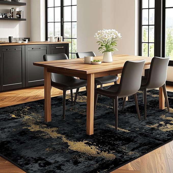 RELEANY Washable Area Rugs 7'x9' Non-Slip Modern Abstract Soft for Living Room Entryway Bedroom Nursery, Print Pattern, Dark Black Gold