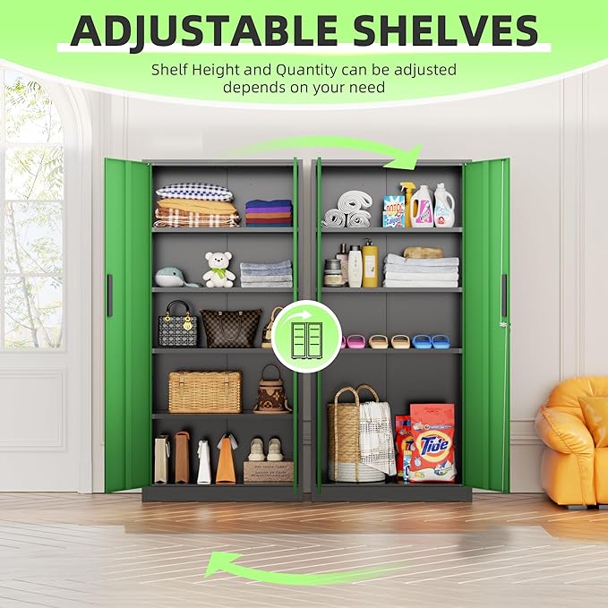 Bonusall 72" Metal Garage Storage Cabinet, 2 Locking Doors & 4 Adjustable Shelves Tall Storage, Heavy Duty Steel Tool Cabinet for Home, Office, Warehouse, School (Black Green)