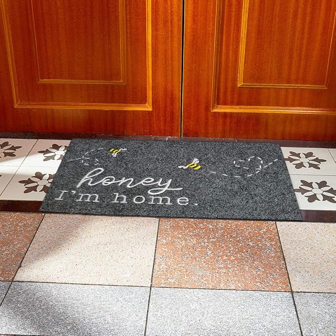 Funny Bee Doormat Honey I'm Home Cute Door Mat Welcome Mats for Front Door Kitchen Rugs Indoor Porch Outdoor Non Slip Durable Rubber Mats Grey Floor Rugs for Outside Entry Farmhouse