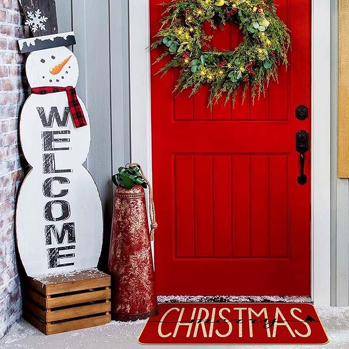 KORVITA Christmas Door Mat Merry Christmas Floor Mat Porch Decoration Mat Christmas Decoration Winter Anti-Slip Outdoor Indoor Low Profile Flax Floor Mat 17 x 29 Inch