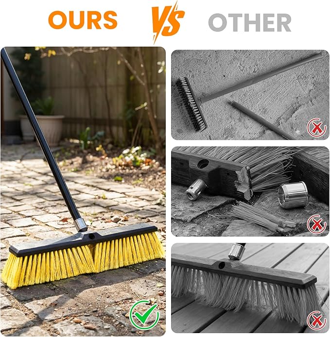 18 Inches Push Broom Outdoor，Commercial Broom Brush，Stiff Bristle Brush with 61.8 inches Long Handle for Patio Garage Deck Street Shop Warehouse Lawn Driveway -1 Pack