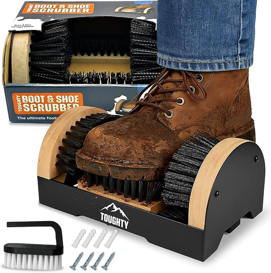 Toughty Boot Scrubber with Hand Brush – Heavy Duty Cleaner for Outdoor Footwear, Work Shoes, Cowboy Boots, Golf Shoes – Footwear Scraper with Brushes for Porch, Entryway, Farm, RV, – Black