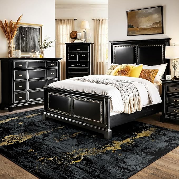 RELEANY Washable Area Rugs 5'x7' Non-Slip Modern Abstract Soft for Living Room Entryway Bedroom Nursery, Print Pattern, Dark Black Gold