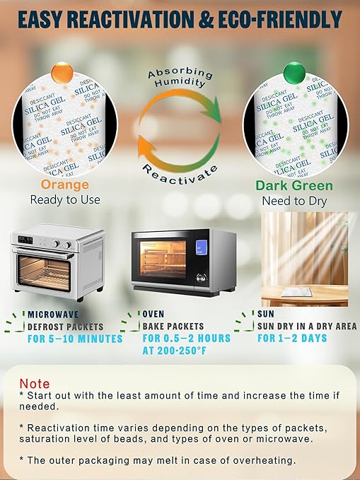 50 Gram (10 Pack) Color-Indicating Silica Gel Packets, Premium Food Grade Desiccant - Rechargeable Moisture Absorbers for Food Storage, Electronics, 3D Filament & Safes