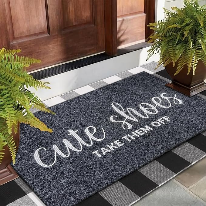 Welcome Mat Entryway Cute Shoes Take Them Off Front Door Mats 24"x 36" with Rubber Backing Out Doormat Non Slip Natural Doormats Grey