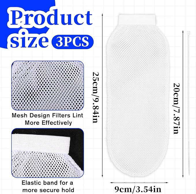3 Pcs Lint Traps for Washing Machine Hose,Washer Hose Lints Trap Mesh with 3 Cable Ties Washing Machine Lint Traps for Drain Hoses,White