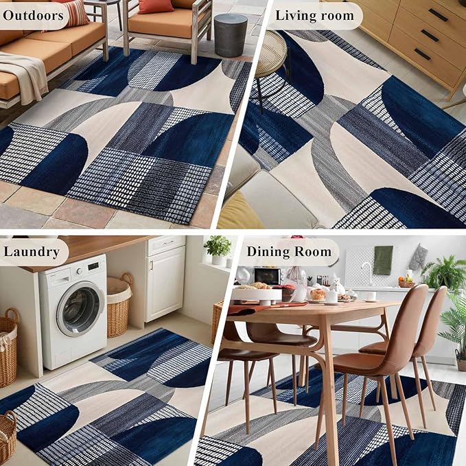 Modernism 3'x5' Area Rugs, Blue White Geometric Abstract Design Washable Area Rugs Non-Slip Indoor Floor Mats Carpet for Living Room Bedroom Dining Room