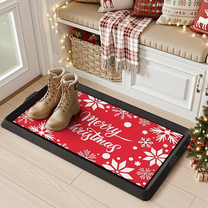 SUPENUIN Christmas Boot Tray Mat - Heavy Duty Snow & Water Catch Tray, Waterproof Rubber Shoe Mat with Lip for Entryway, Indoor & Outdoor Holiday Decor Storage (16"x27.5")