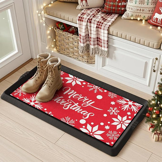 SUPENUIN Christmas Boot Tray Mat - Heavy Duty Snow & Water Catch Tray, Waterproof Rubber Shoe Mat with Lip for Entryway, Indoor & Outdoor Holiday Decor Storage (16"x27.5")