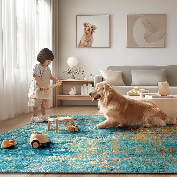 RELEANY Washable Area Rugs 6ft Non-Slip Modern Abstract Soft for Living Room Entryway Bedroom Nursery, Print Pattern, Teal Blue Green Orange Rust Red Coloreful