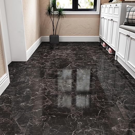 Wallercity Light Black Peel and Stick Floor Tile Bathroom Marble Tiles Removable Stick on Floor Tiles 12''x12'' Self Adhesive Waterproof Vinyl Flooring for Bedroom Kitchen Living Room Basement 6PCS