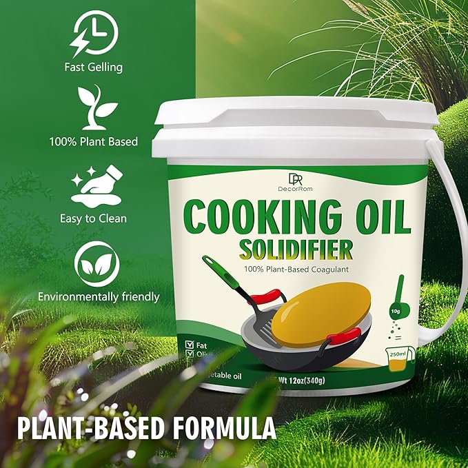 Cooking Oil Solidifier Powder 12oz - Solidifies Up to 2.5 Gallons (34 Cups) of Used Fry Oil, 100% Plant-Based Grease Hardener for Easy Kitchen Disposal, Oil Solidifying Solution