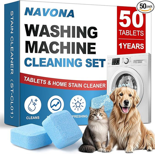 Navona Washing Machine Cleaner Tablets, 50 Pack Deep Cleaning Descaler, Washer Cleaner Tablets for Front & Top Load HE Washer, Residue, Grime, and Odors Remover, Pet Owner Friendly