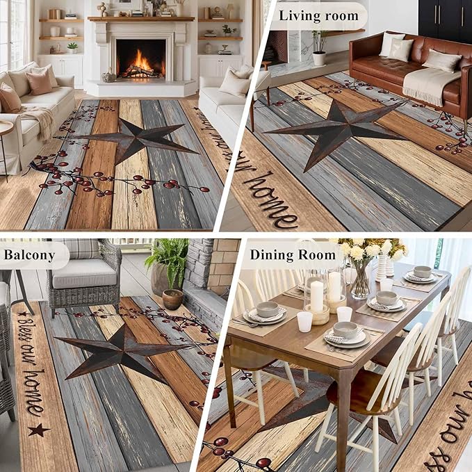 Country Stars 8'x10' Large Area Rugs, Vintage Rust Black Star Berry Brown Light Blue Wood Grain Washable Area Rugs Non-Slip Indoor Floor Mats Large Carpet for Living Room Bedroom Dining Room