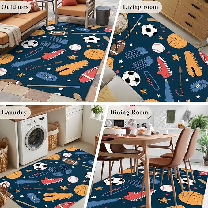 Cartoon Sports 3'x5' Area Rugs, Baseball Soccer Basketball Rugby Sneakers Washable Area Rugs Non-Slip Indoor Floor Mats Carpet for Living Room Bedroom Dining Room