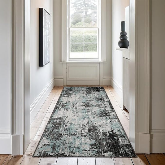 RELEANY Washable Area Rugs 2'x8' Non-Slip Modern Abstract Soft for Living Room Entryway Bedroom Nursery, Print Pattern, Blue Black Teal