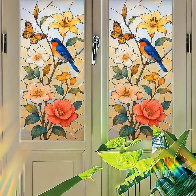 Bird Flower Butterfly Privacy Film Stained Glass Style Static Cling No Glue Decorative Panel Light Filtering Cover for Kitchen Door Balcony 17.7x39.3 inch