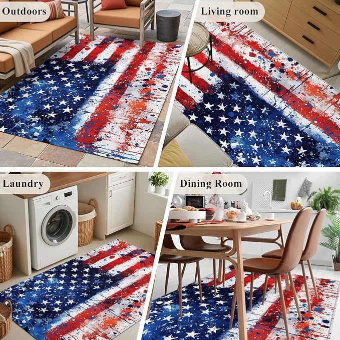 Mottled Red Blue White Stars Painted Flag Area Rugs 2.7'x5', Washable Area Rugs Non-Slip Indoor Floor Mats Carpet for Living Room Bedroom Dining Room