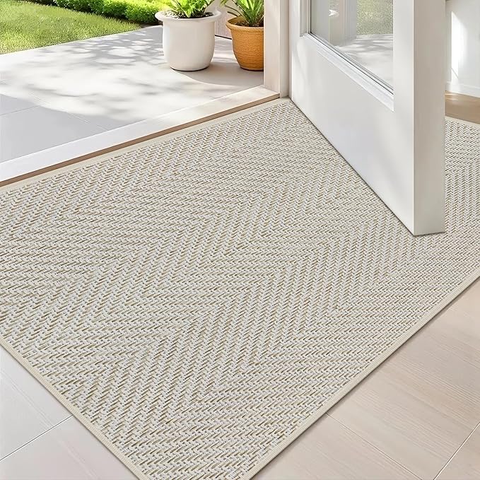 Ultra Thin Indoor Door Mat 17"x29", Washable Door Mat Indoor Entrance, Non Slip Rubber Backing Doormat Low-Profile Inside Entryway Mat, Unique Herringbone Design Entry Mat, Khaki (FOLD)