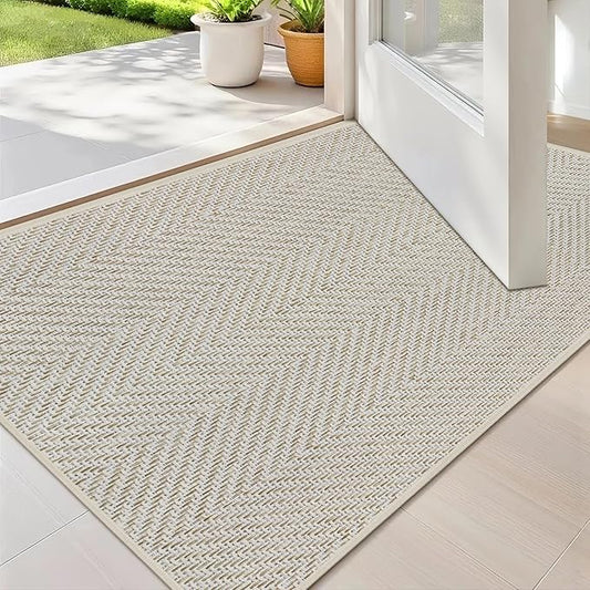 Ultra Thin Indoor Door Mat 17"x29", Washable Door Mat Indoor Entrance, Non Slip Rubber Backing Doormat Low-Profile Inside Entryway Mat, Unique Herringbone Design Entry Mat, Khaki (FOLD)