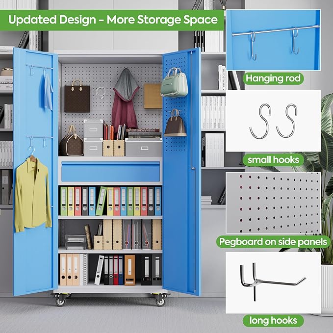 Reemoon 71" H Metal Garage Storage Cabinet with Wheels and Doors,Rolling Tool Cabinet with Pegboard,Rod and Drawer for Garage Warehouse Home,Required Assembly,Grey and Blue
