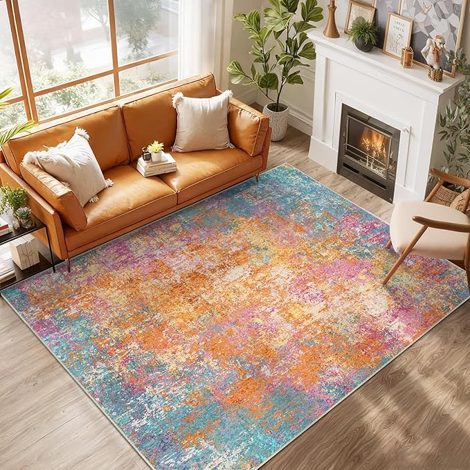 RELEANY Washable Area Rugs 8'x10' Non-Slip Modern Abstract Soft for Living Room Entryway Bedroom Nursery, Print Pattern, Orange Blue Pink Yellow Colorful