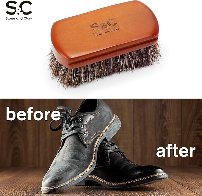 Mini 4" Shoe Brush - Portable Horse Hair Brush w/Natural Wood Handle - Soft Bristle Shoe Polish Brush for Cleaning, Buffing & Polishing Leather Shoes - Travel-Friendly Size Boot Brush