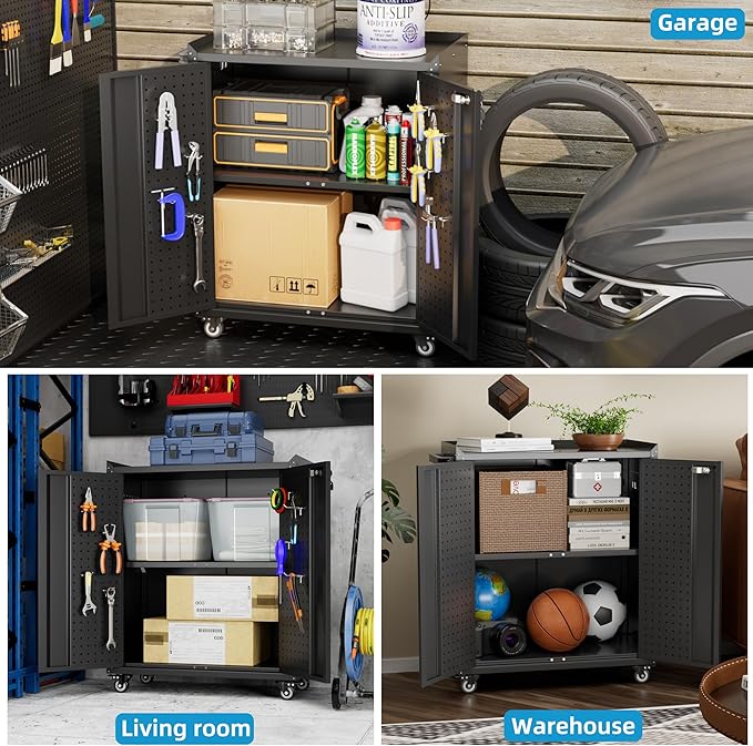 Reemoon Metal Storage Cabinets with Door Pegboard,Lockable Garage Storage Cabinets with Wheels for Garage, Home, Office,Assembly Required,Black,13.8" D x 26" W x 31.5" H