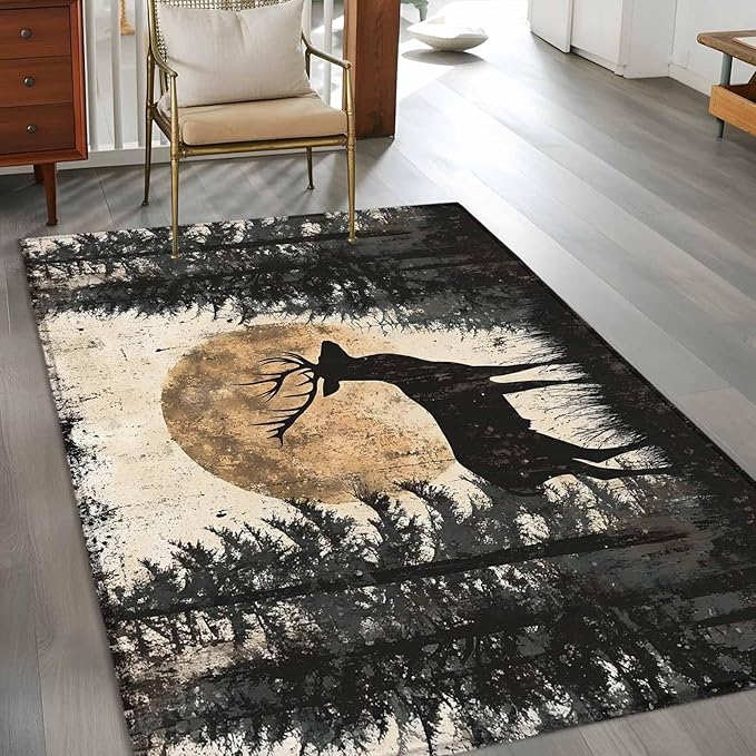 Deer 4'x6' Area Rugs, Elk Silhouette Washable Area Rugs Non-Slip Indoor Floor Mats Carpet for Living Room Bedroom Dining Room