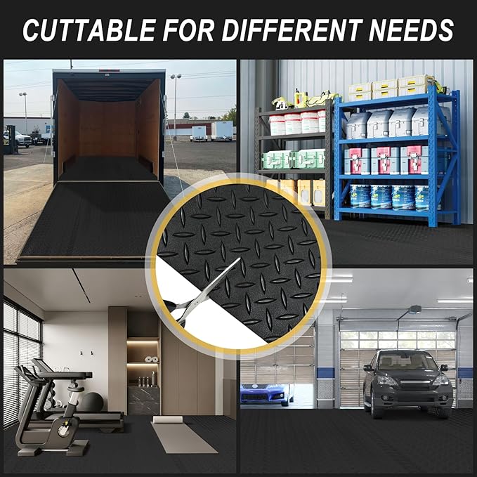 7.5x25 FT Garage Floor Mat, 2.8mm Thickened Flooring Roll Under Car Mat with 20Pcs Tapes, Diamond Plate, Non-Slip Floor Protector Mat for Trailer, Garage, Warehouse, Gyms, Trailer, Matte Black