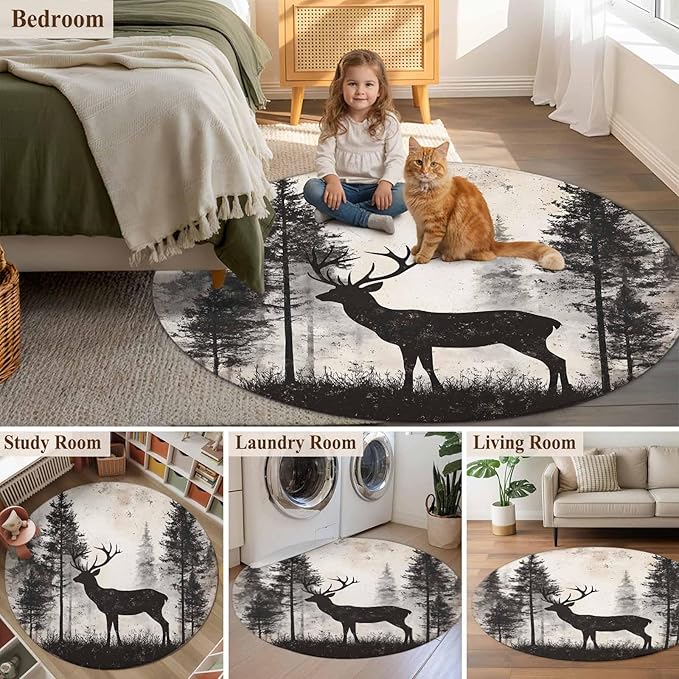 Elk Round Rug 3.3 Ft, Deer Silhouette Samll Area Rugs Washable Non Slip Indoor Floor Mats Circle Carpet for Living Room Bedroom Dining Room Home