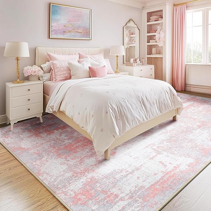 RELEANY Washable Area Rugs 6'x8' Non-Slip Modern Abstract Soft for Living Room Entryway Bedroom Nursery, Print Pattern, Grey Pink