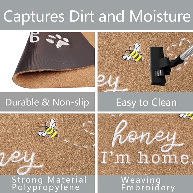 Large Front Door Mat Outdoor Entrance Front Door Mats Indoor Entrance Welcome Mat Honey I'm Home Bee Rugs with Non Slip Durable Rubber Backing Kitchen Washable Rugs Brown Mat
