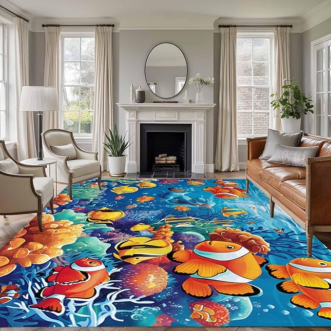Ocean Marine 5'x8' Large Area Rugs, Life Fish Coral Seagrass Underwater Coastal Washable Area Rugs Non-Slip Indoor Floor Mats Large Carpet for Living Room Bedroom Dining Room