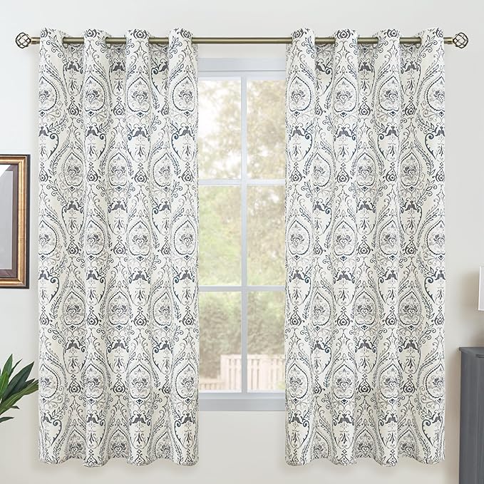 LAMIT Linen Curtains 63 inch Length for Living Room, Blue Damask Printed Curtains Light Filtering Grommet Farmhouse Vintage Flower Drapes for Bedroom, Greyish Blue, 2 Panels Each 52 x 63 Inch