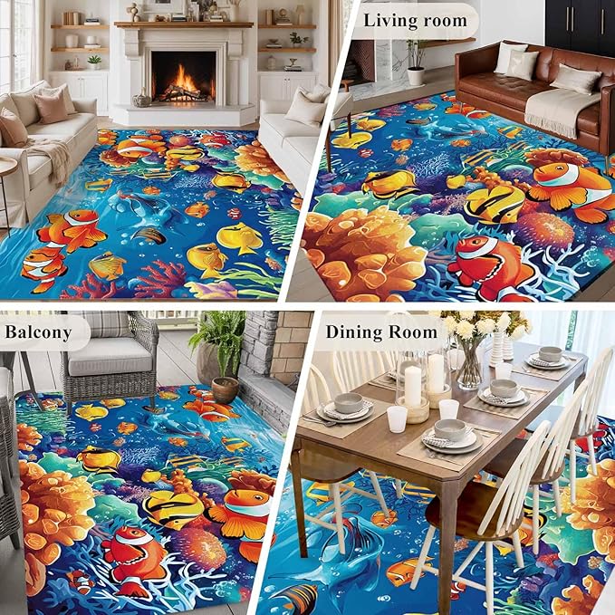 Ocean Marine 5'x8' Large Area Rugs, Life Fish Coral Seagrass Underwater Coastal Washable Area Rugs Non-Slip Indoor Floor Mats Large Carpet for Living Room Bedroom Dining Room