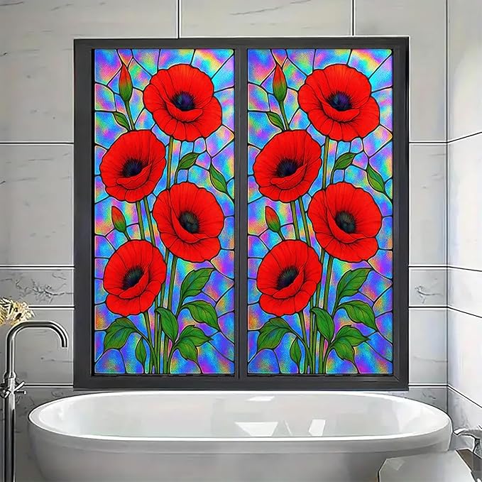 Red Poppy Window Film Iridescent Stained Glass Privacy Panel Static Cling No Glue Decorative Cover for Kitchen Studio Door Partition 17.7x39.3 inch