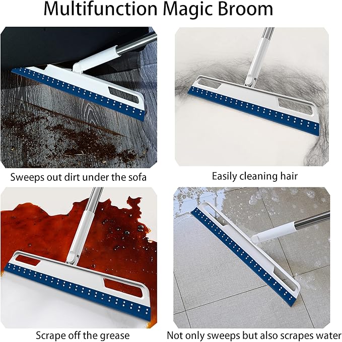 Multifunction Rubber Air Broom, Silicone Broom with 56" Long Handle, 4 in 1 Rubber Squeegee Sweeper for Floor Bathroom Kitchen Shower Tile Pet Hair Fur Marble Glass Water Window Foam Cleaning (Blue)