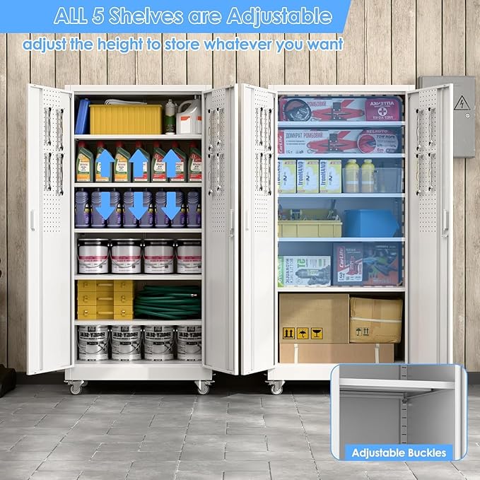 Reemoon Garage Storage Cabinet with Wheels and Pegboard, Metal Storage Cabinet with 5 Adjustable Shelves for Garage Warehouse Office Utility Room,Required Assembly,71" H×34" W×18" D,White